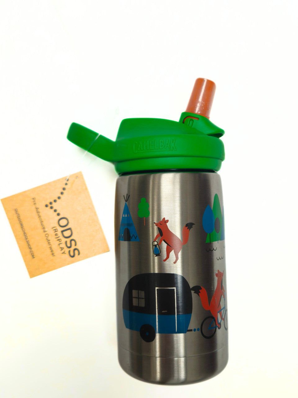 CamelBak stainless steel kids’ bottle featuring green cap and colorful fox adventure design — durable hydration for outdoor play