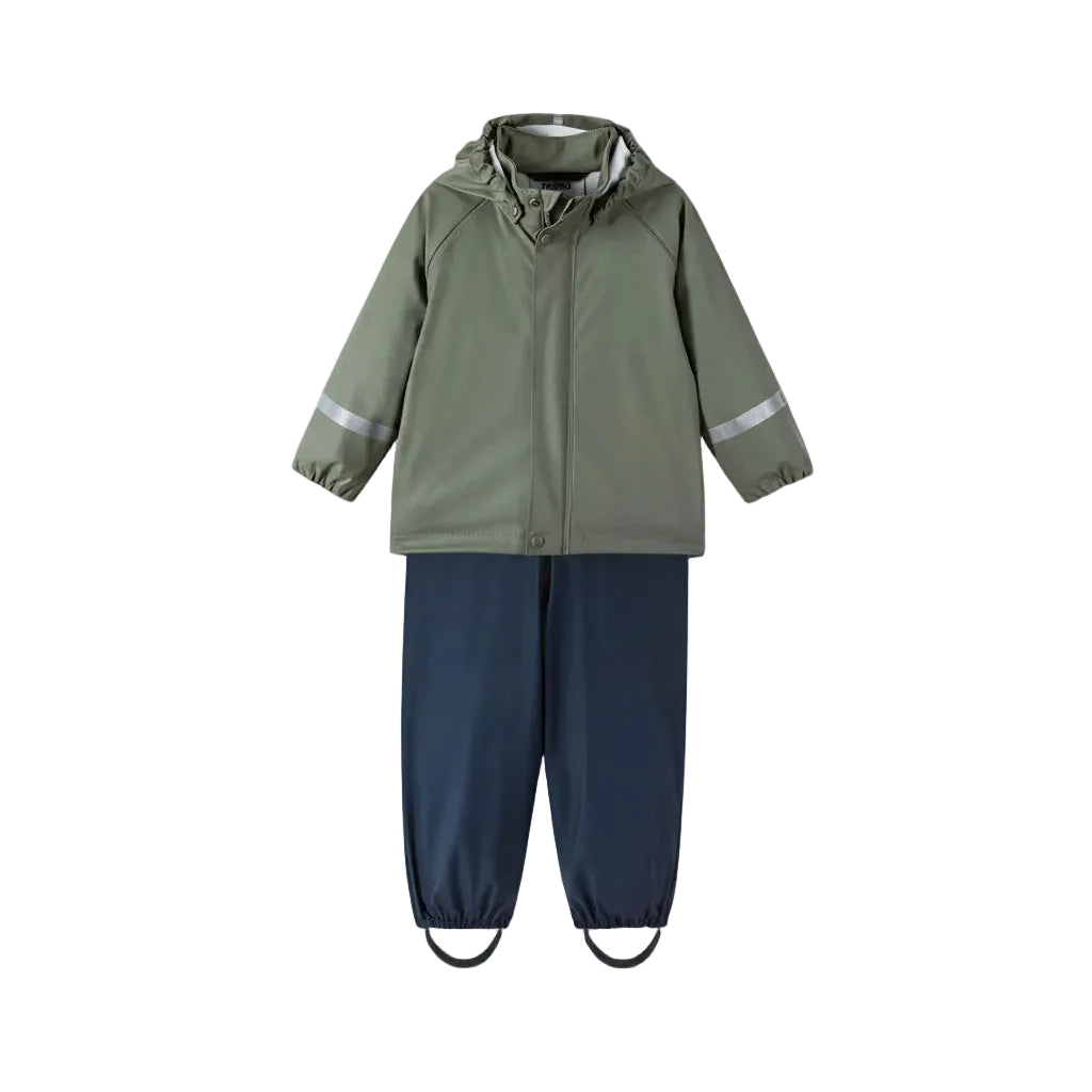 Kids Waterproof Tihku Unlined 2-Piece Rain Set - Jacket And Bib | Reima #color_greyish-green