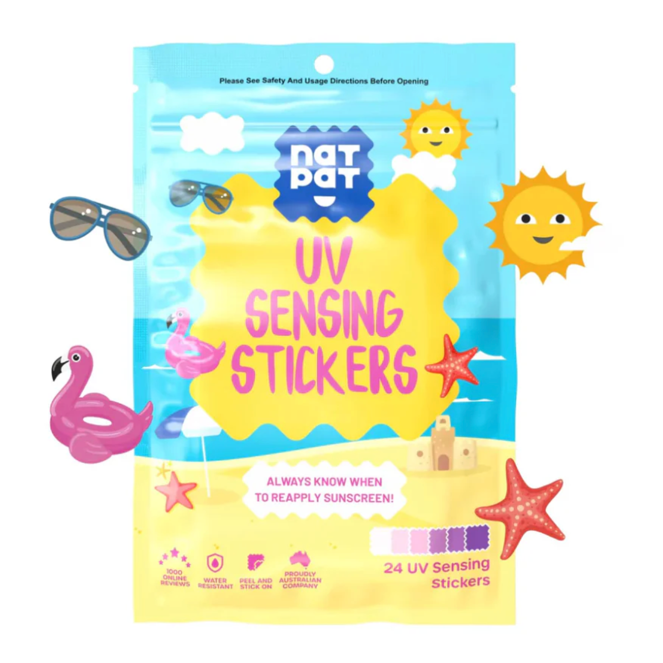 Kids UV Detection Stickers – NatPat SunnyPatch – Sunscreen Reminder 24 Pack
