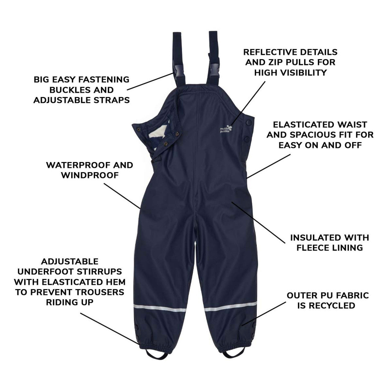 Kids Fleece Lined Puddleflex Rain Bibs - Waterproof, Warm, PU | Muddy Puddles #color_navy