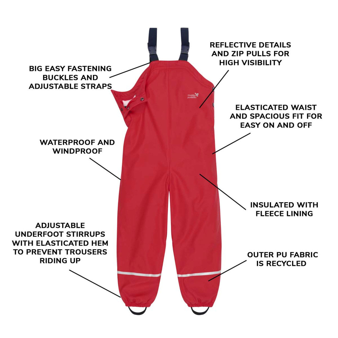 Kids Fleece Lined Puddleflex Rain Bibs - Waterproof, Warm, PU | Muddy Puddles