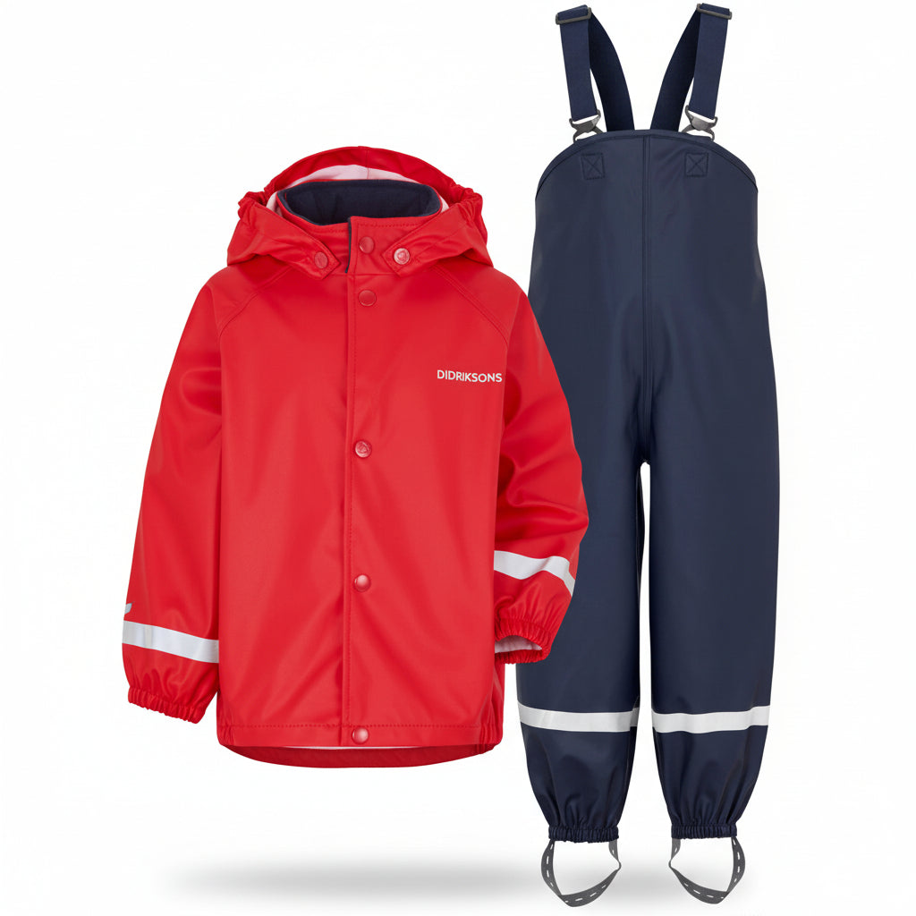 Kids Slaskeman Unlined Rain Set-Snap Jacket and Bibs – Waterproof, PU | Didriksons #color_flag-red