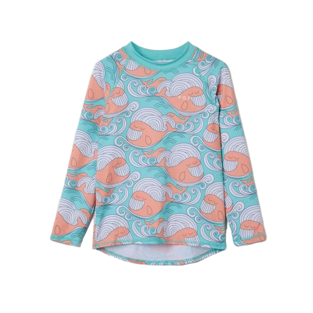Kids UV Rash Guard Top - Happy Whale Print | Polarn O. Pyret | #color_aqua-sky