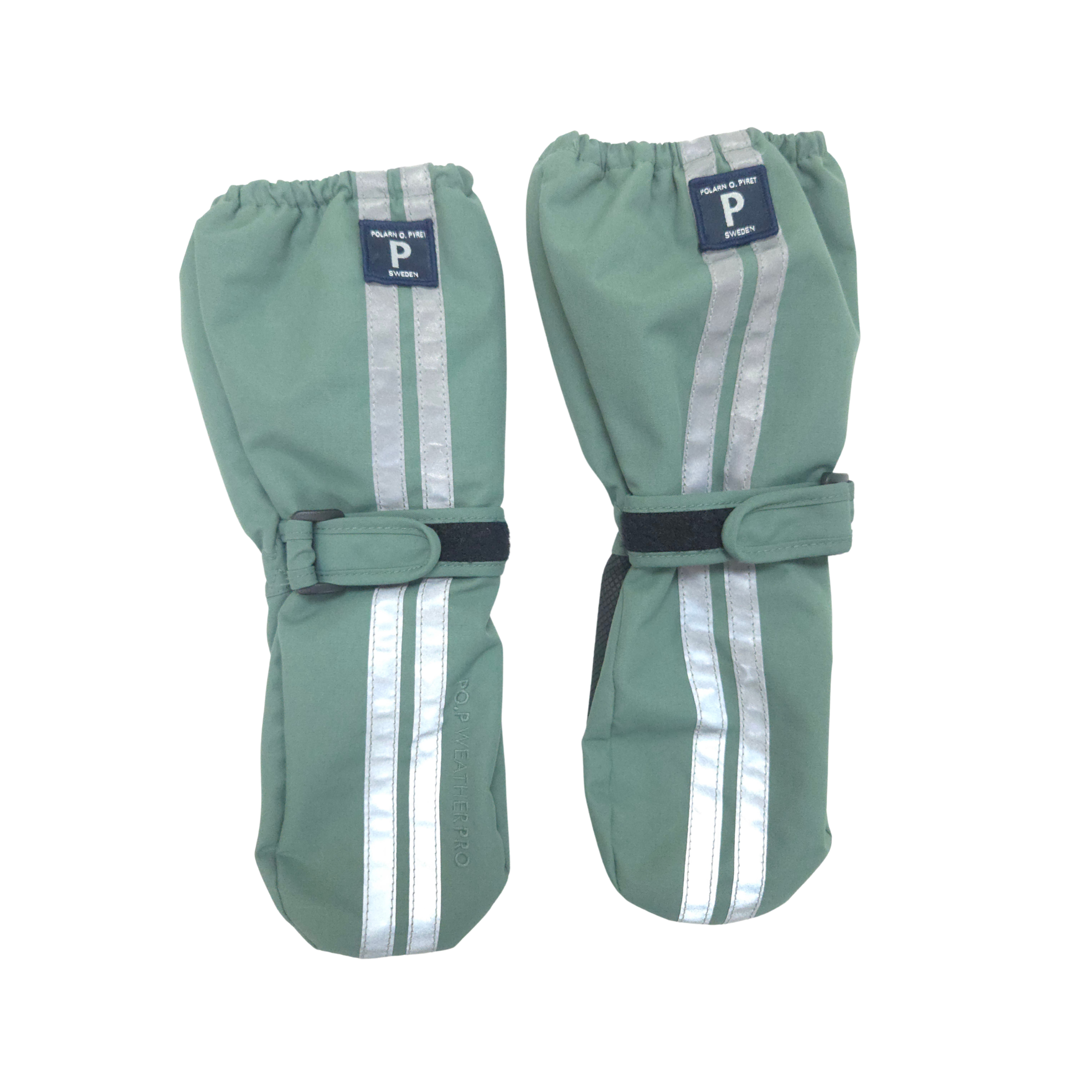 Pair of green mittens with reflective stripes on a white background