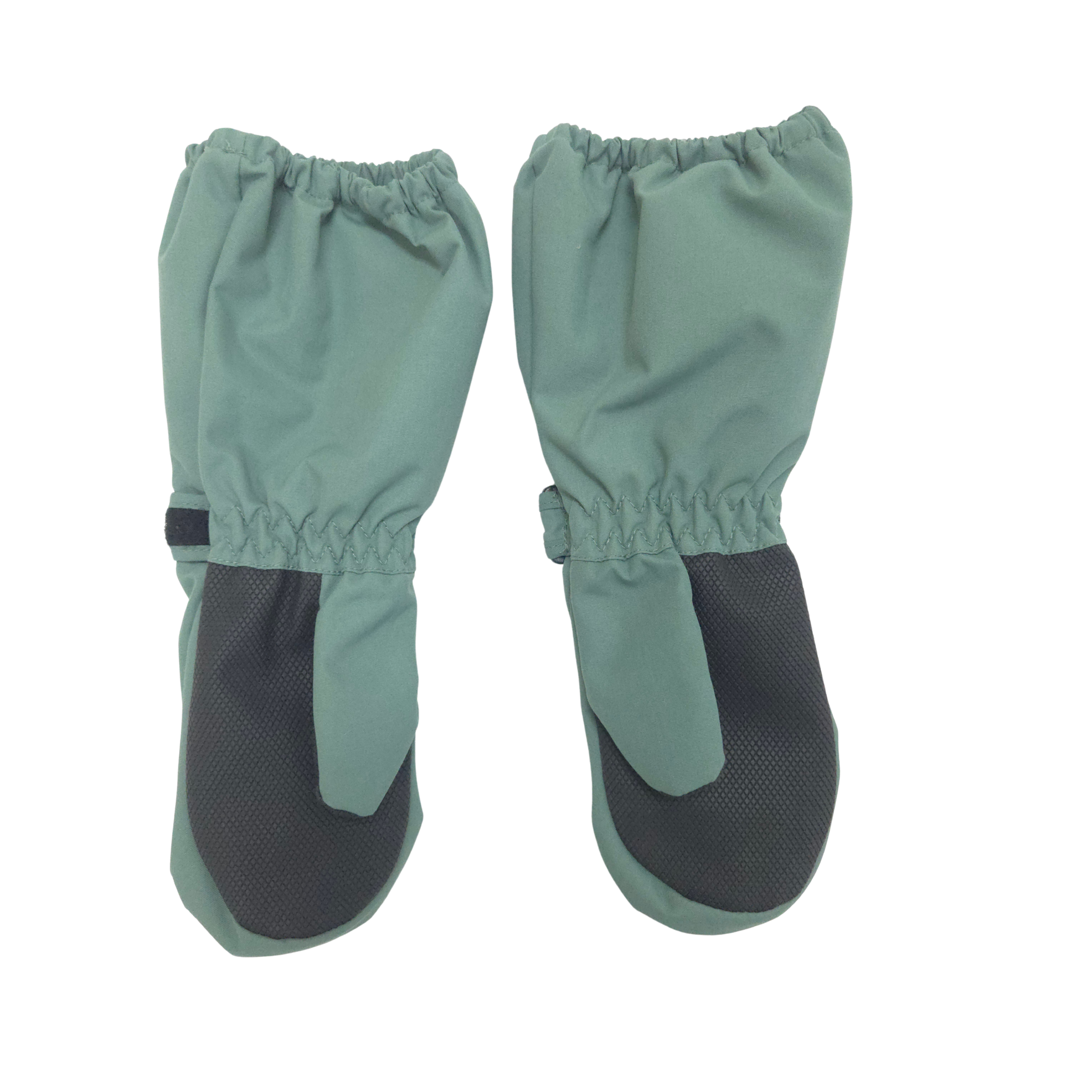 Pair of green mittens with black cuffs on a white background
