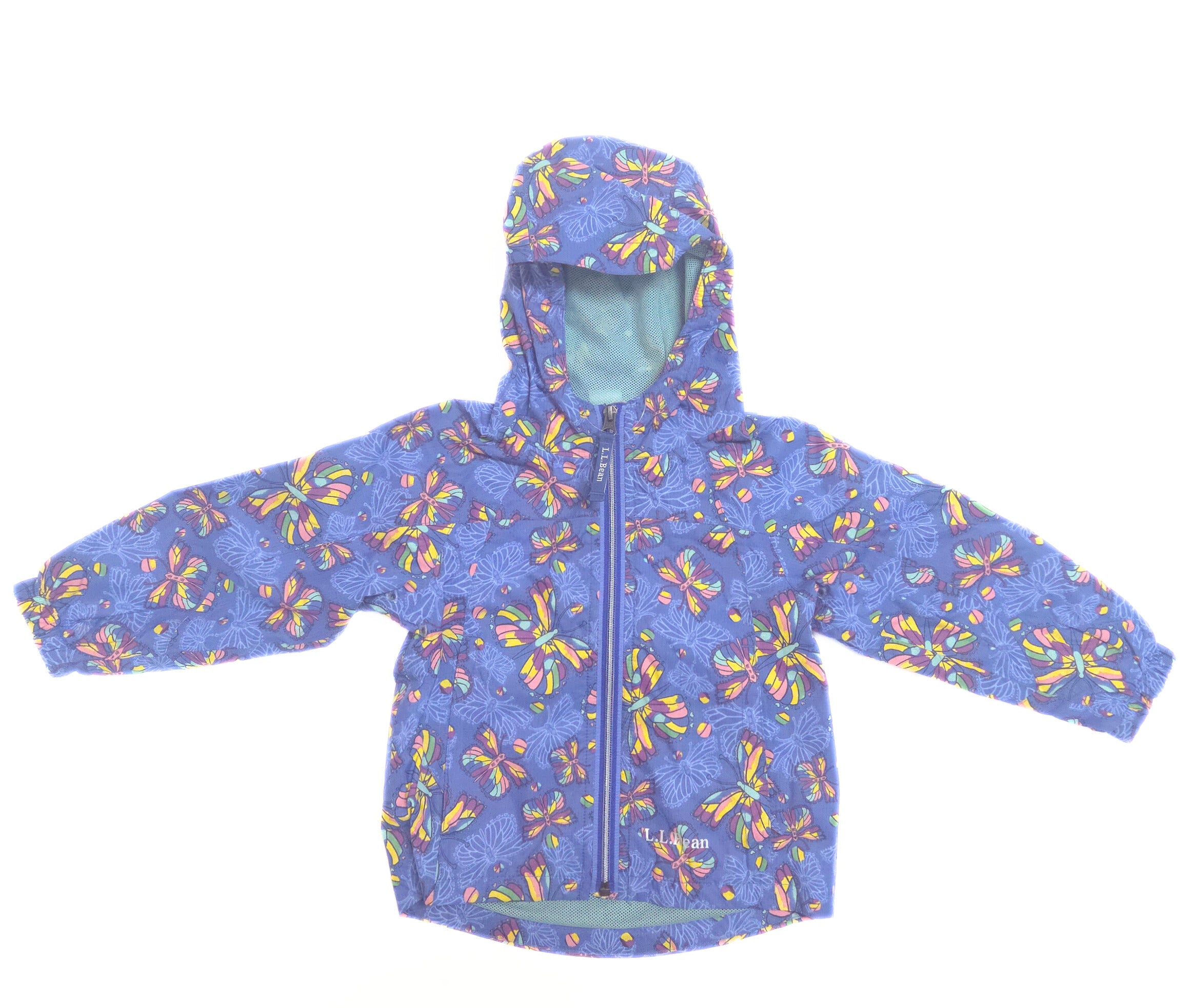 Blue children's raincoat with yellow butterfly pattern on a white background