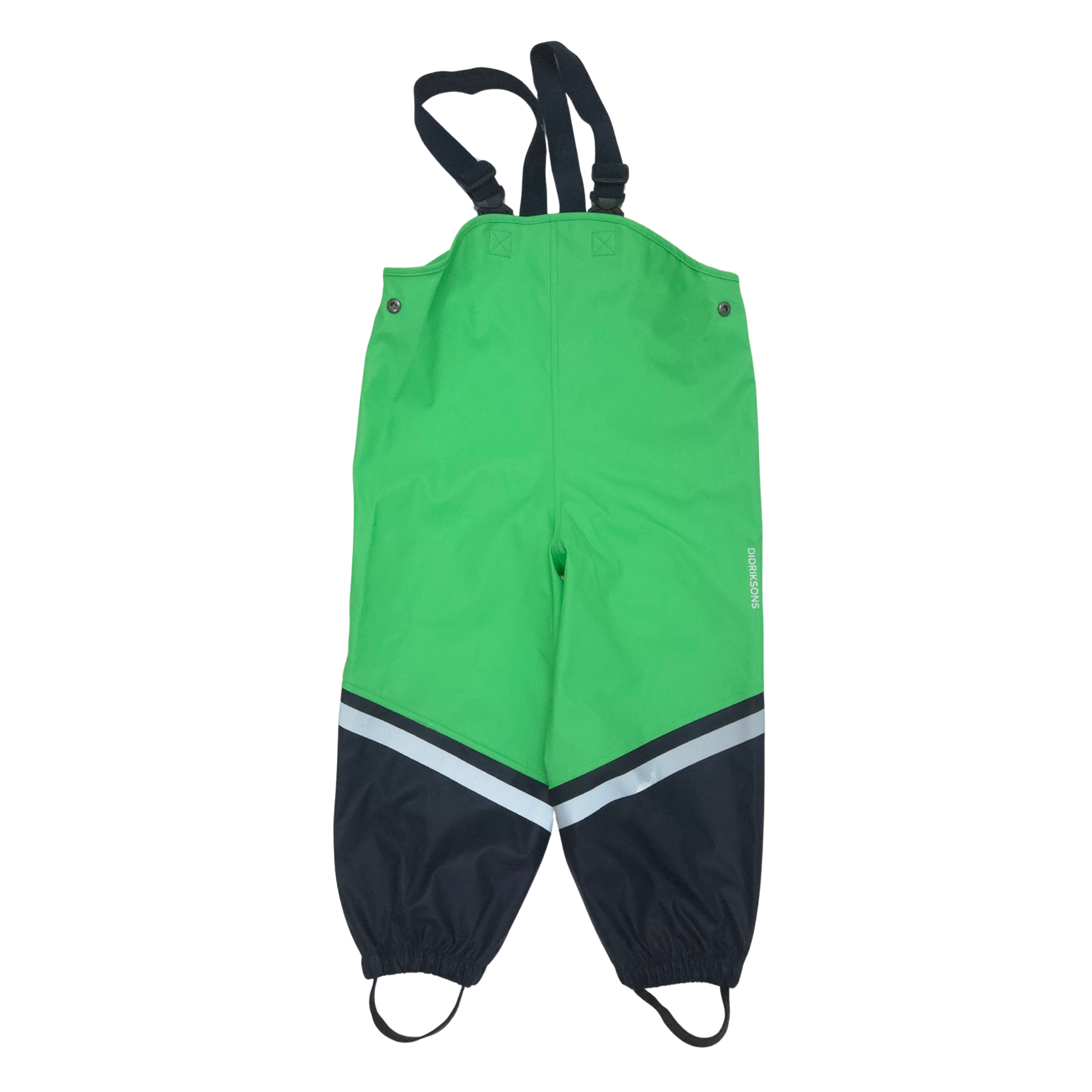 Green and navy rain pants with suspenders on a white background