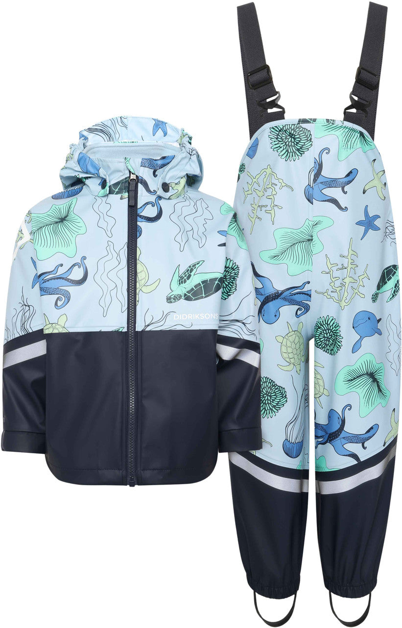 Kids Waterproof Unlined Rain Set- Waterman – Jacket & Bibs, PU | Didriksons #color_blue-ocean-print