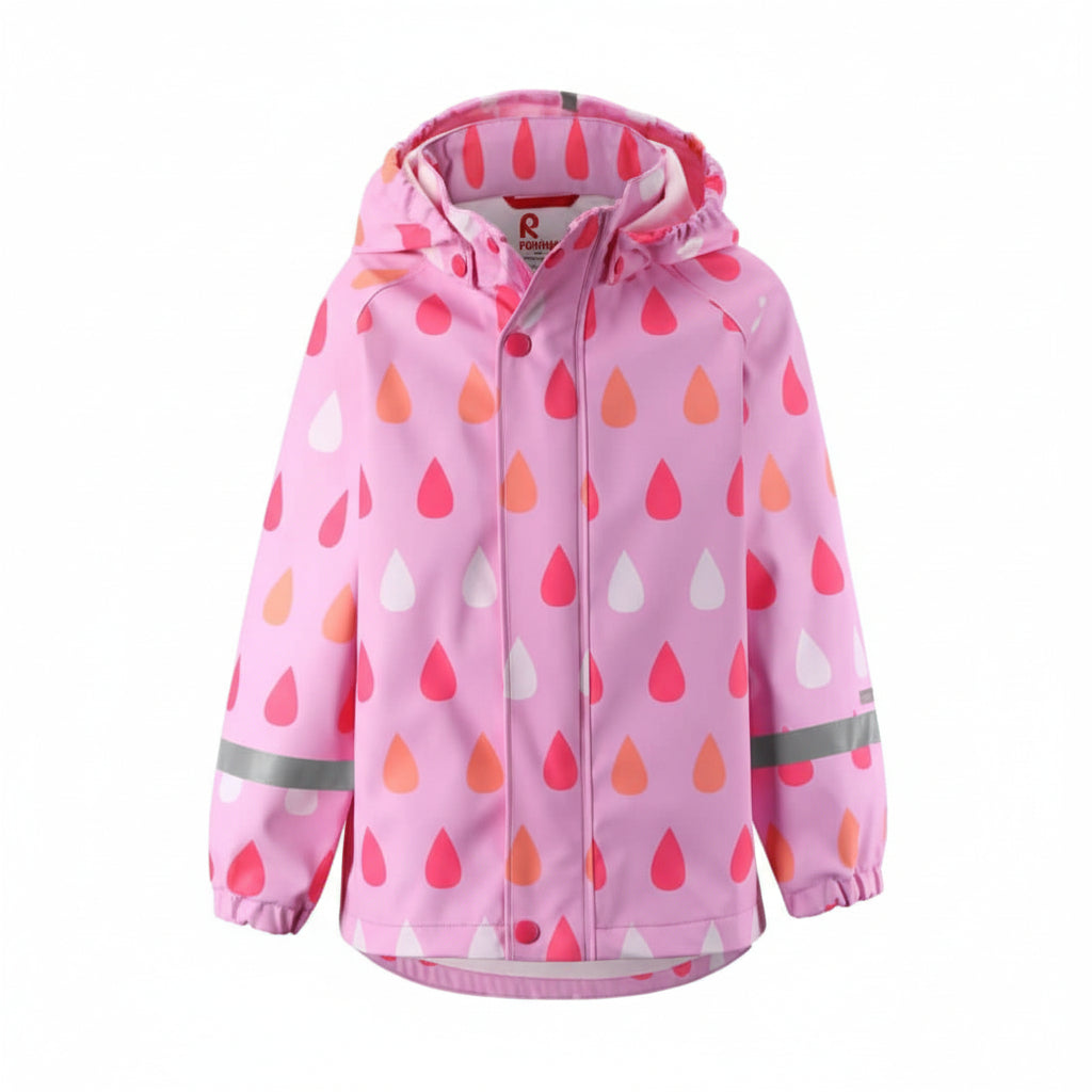 Kids Waterproof Vesi Printed Raindrop Rain Jacket - Unlined, PU | Reima #color_candy-pink-print