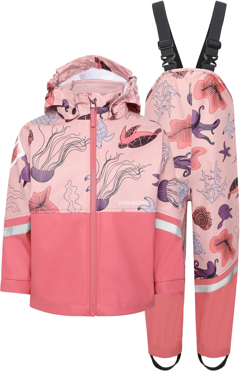 Kids Waterproof Unlined Rain Set- Waterman – Jacket & Bibs, PU | Didriksons #color_pink-ocean-print
