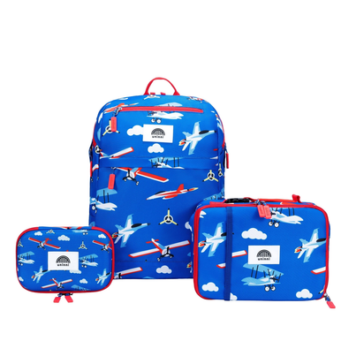 Kids airplane print backpack, lunchbox, and pencil case set – durable, water-resistant school and travel gear for children from outdoor adventure brand.