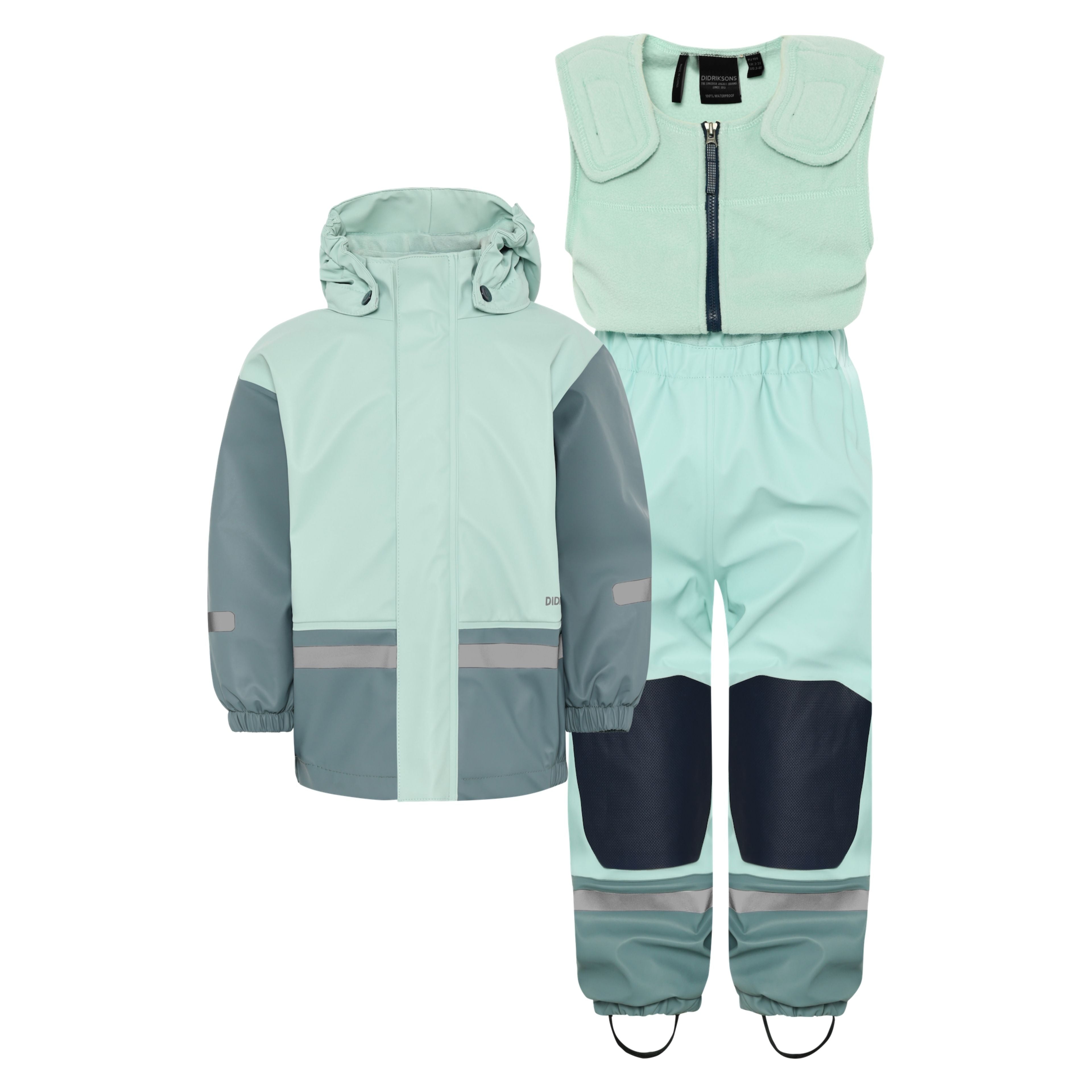 Kids Fleece Lined 2-piece Boardman  Rain Set | Didriksons |#color_ocean-mint