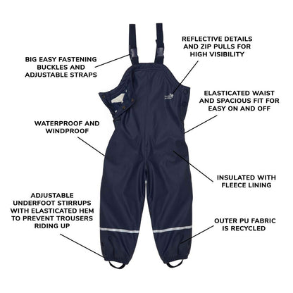 Kids Fleece Lined Puddleflex Rain Bibs - Waterproof, Warm, PU | Muddy Puddles 