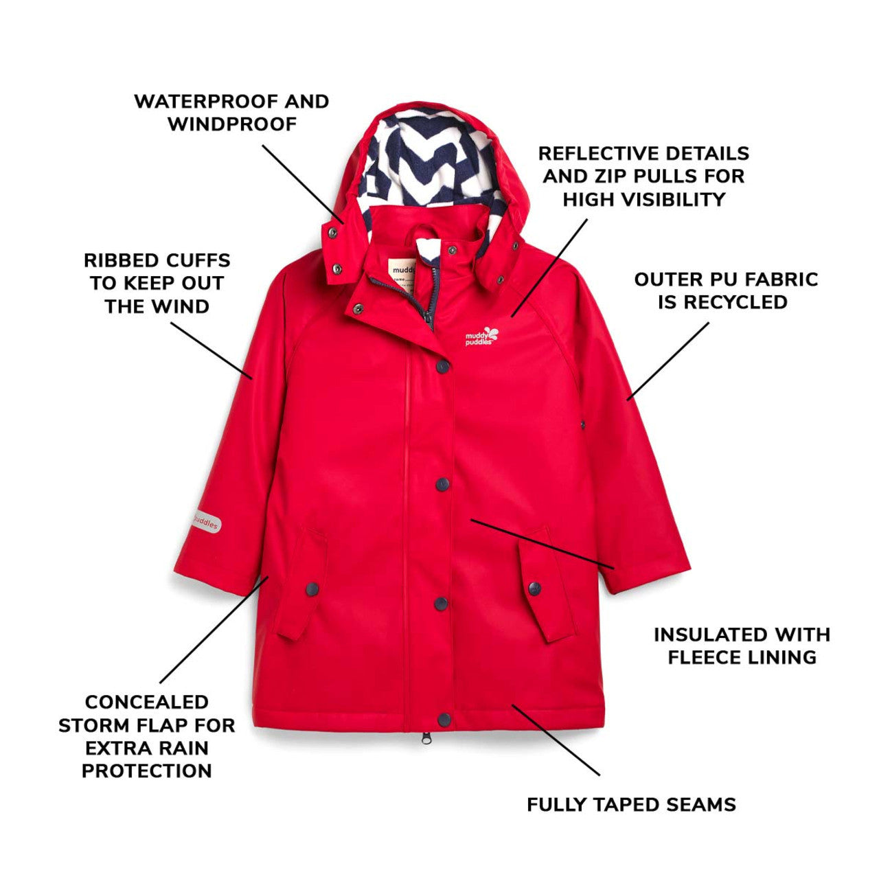 Kids Fleece Lined Puddleflex Rain Jacket - Waterproof, Warm, PU | Muddy Puddles 