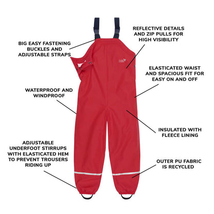 Kids Fleece Lined Puddleflex Rain Bibs - Waterproof, Warm, PU | Muddy Puddles 