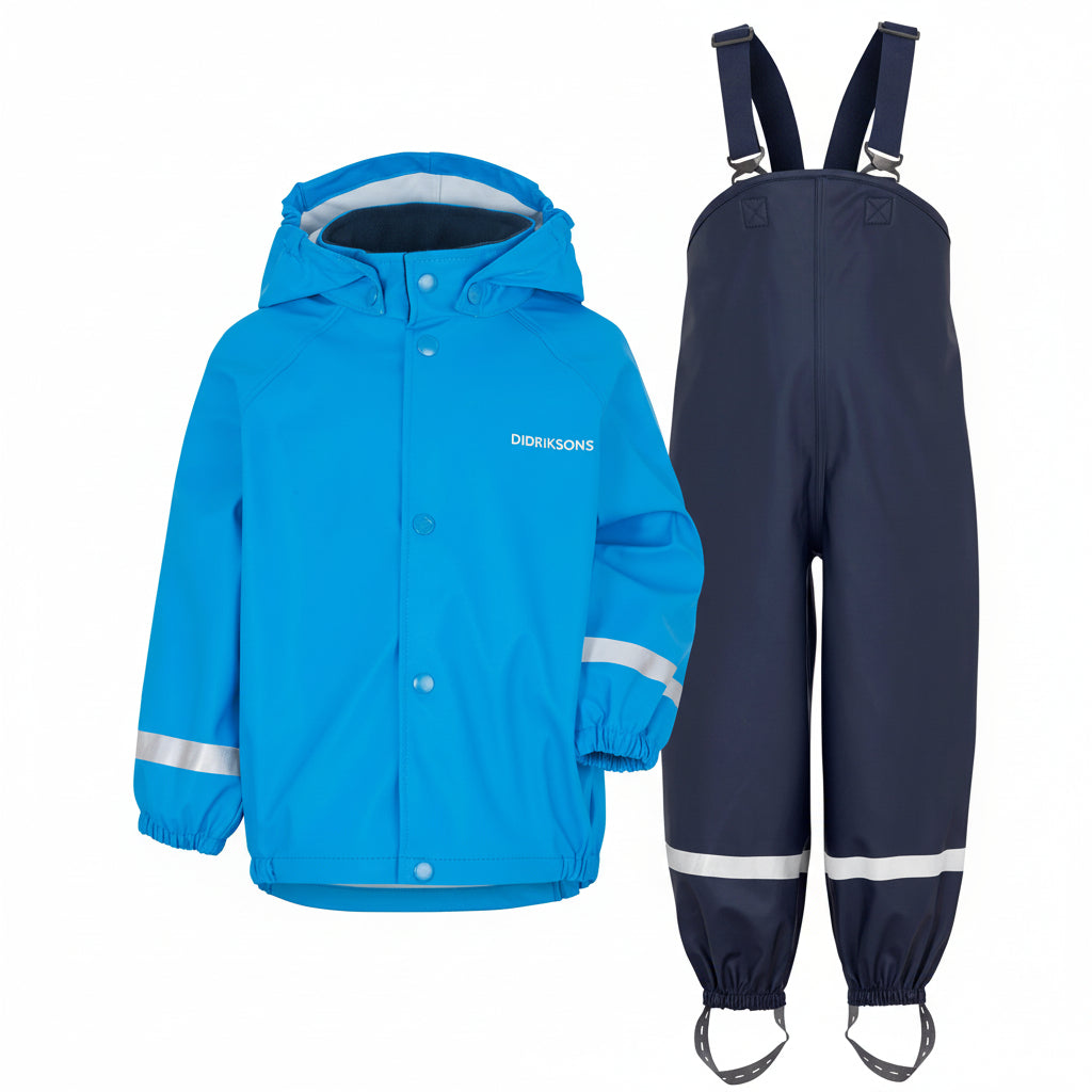 Kids Slaskeman Unlined Rain Set-Snap Jacket and Bibs – Waterproof, PU | Didriksons #color_sharp-blue