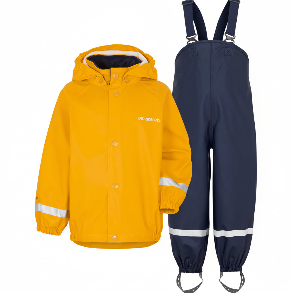 Kids Slaskeman Unlined Rain Set-Snap Jacket and Bibs – Waterproof, PU | Didriksons #color_oat-yellow