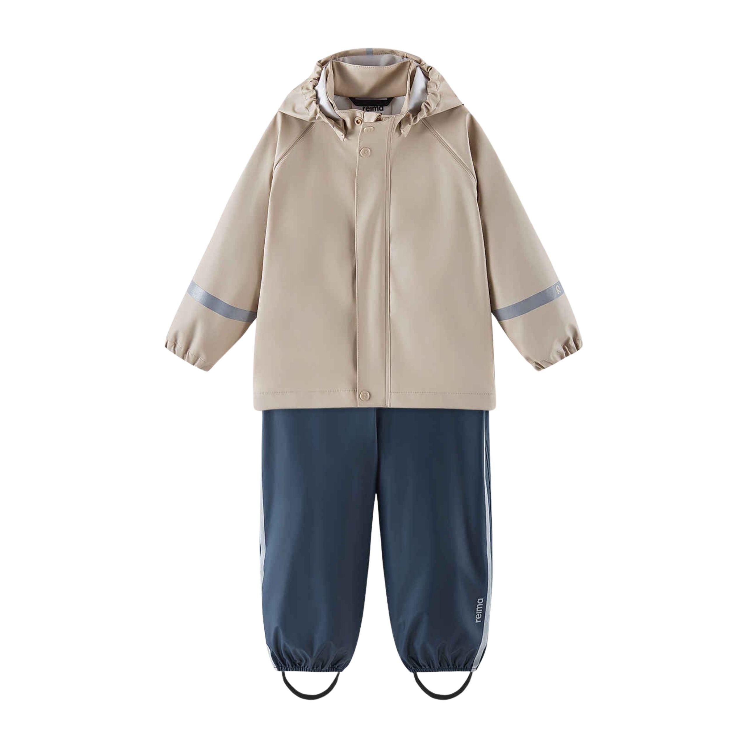 Kids Waterproof Tihku Unlined 2-Piece Rain Set - Jacket And Bib | Reima #color_earthy-beige