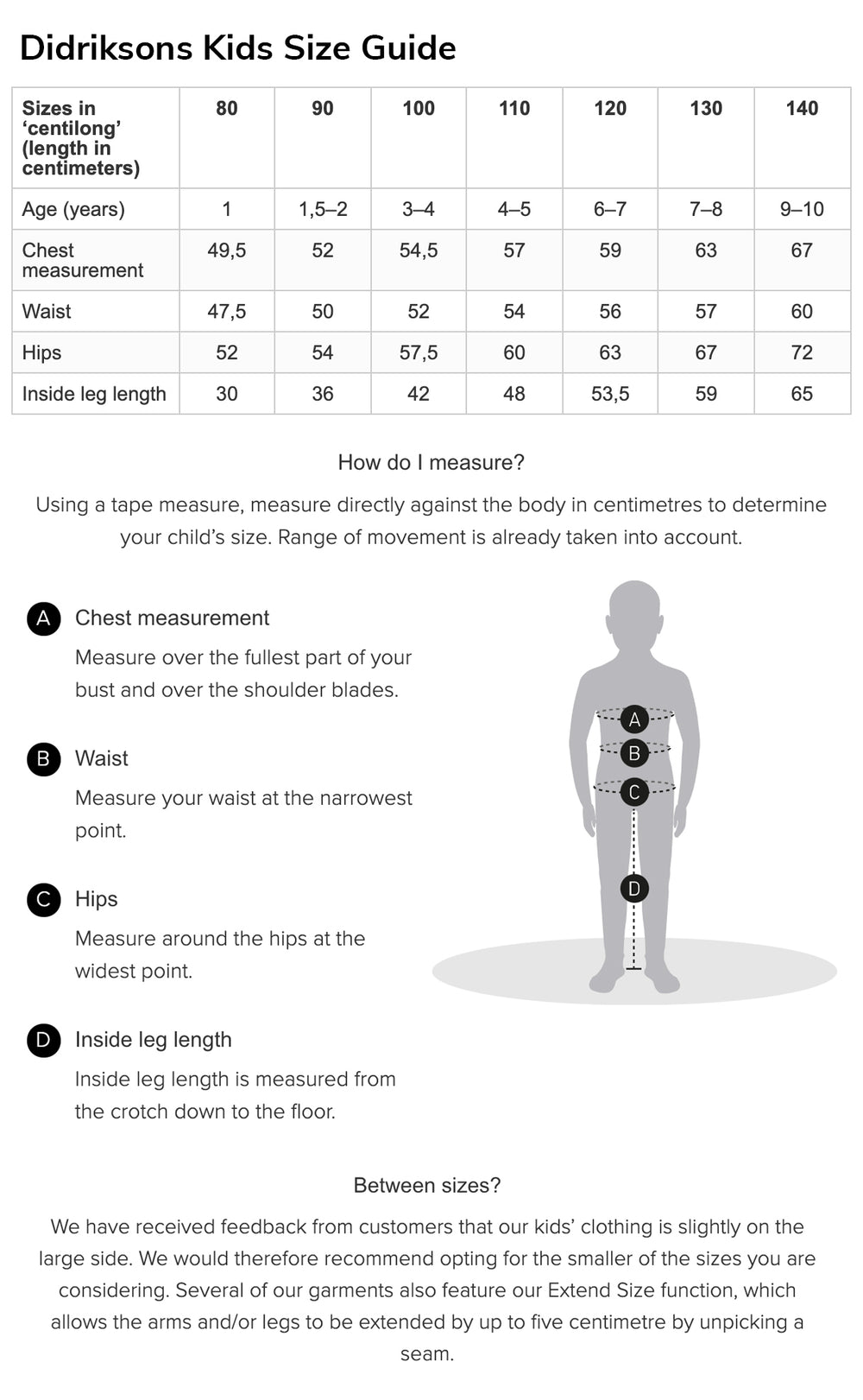 Didriksons Kids Size Guide with measurements and instructions for chest, waist, hips, and inside leg length.