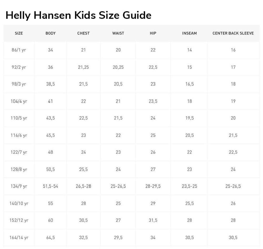 Helly Hansen Kids Size Guide table with various measurements for different age groups.