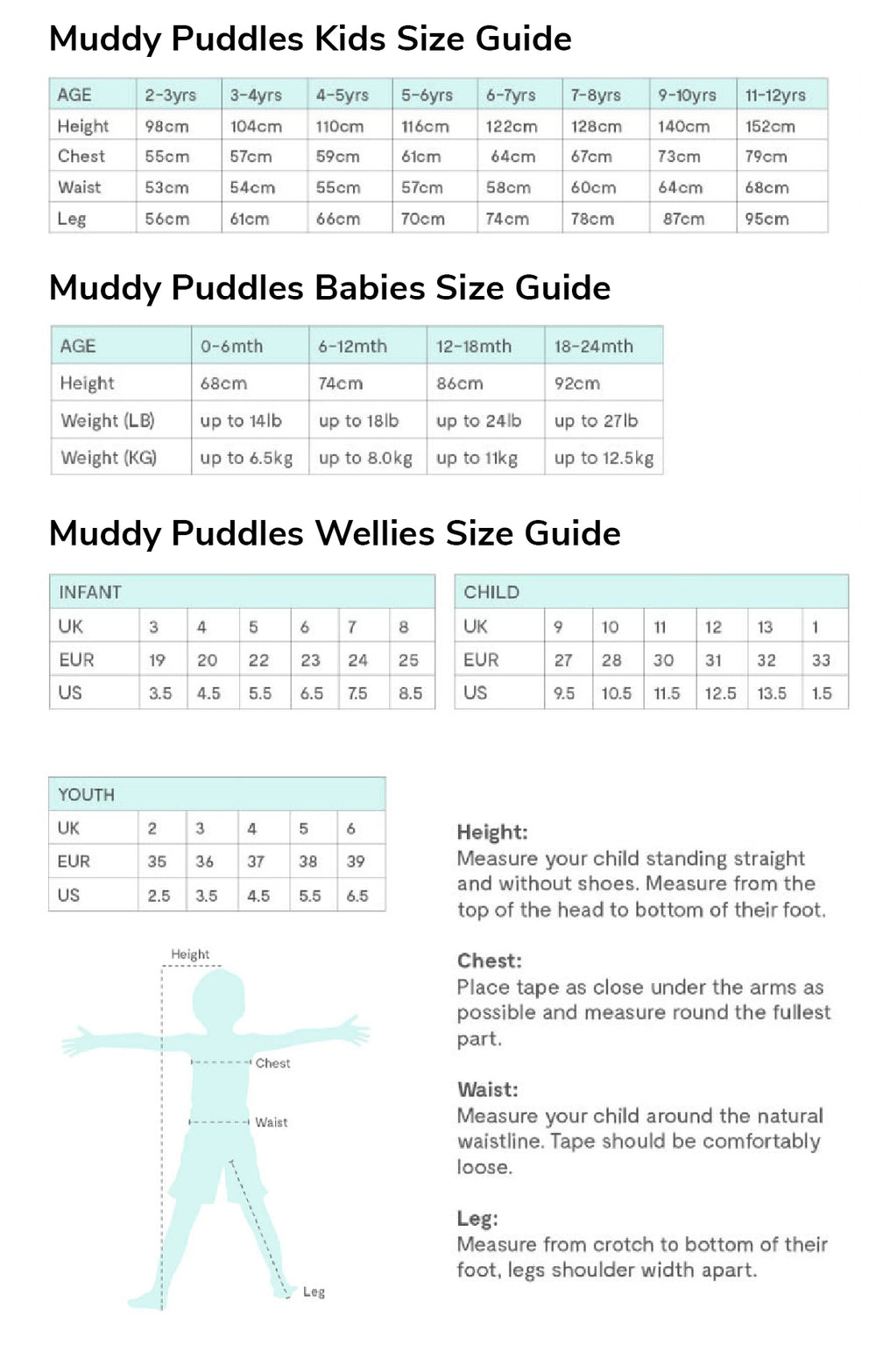 Muddy Puddles Kids Size Guide with measurements for height, chest, waist, and leg.