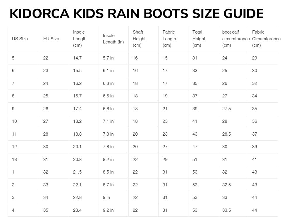 Kidorca Kids Rain Boots Size Guide with measurements in centimeters and inches.