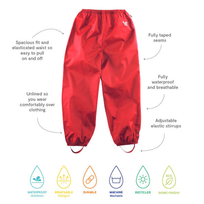Kids Waterproof Originals Rain Pant- Unlined Pull On, Zip and Storm Flap | Muddy Puddles 