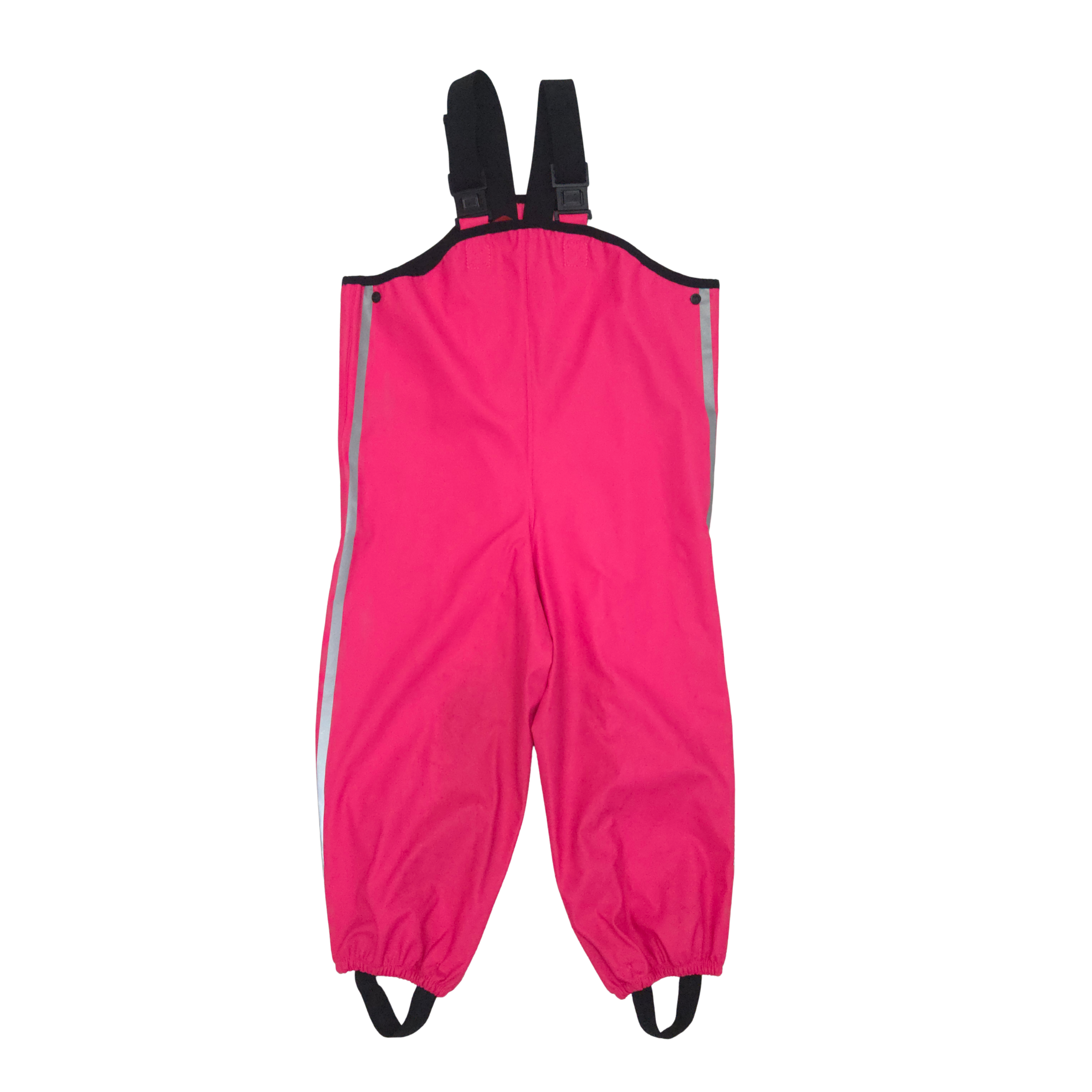Pink rain pants with black suspenders back