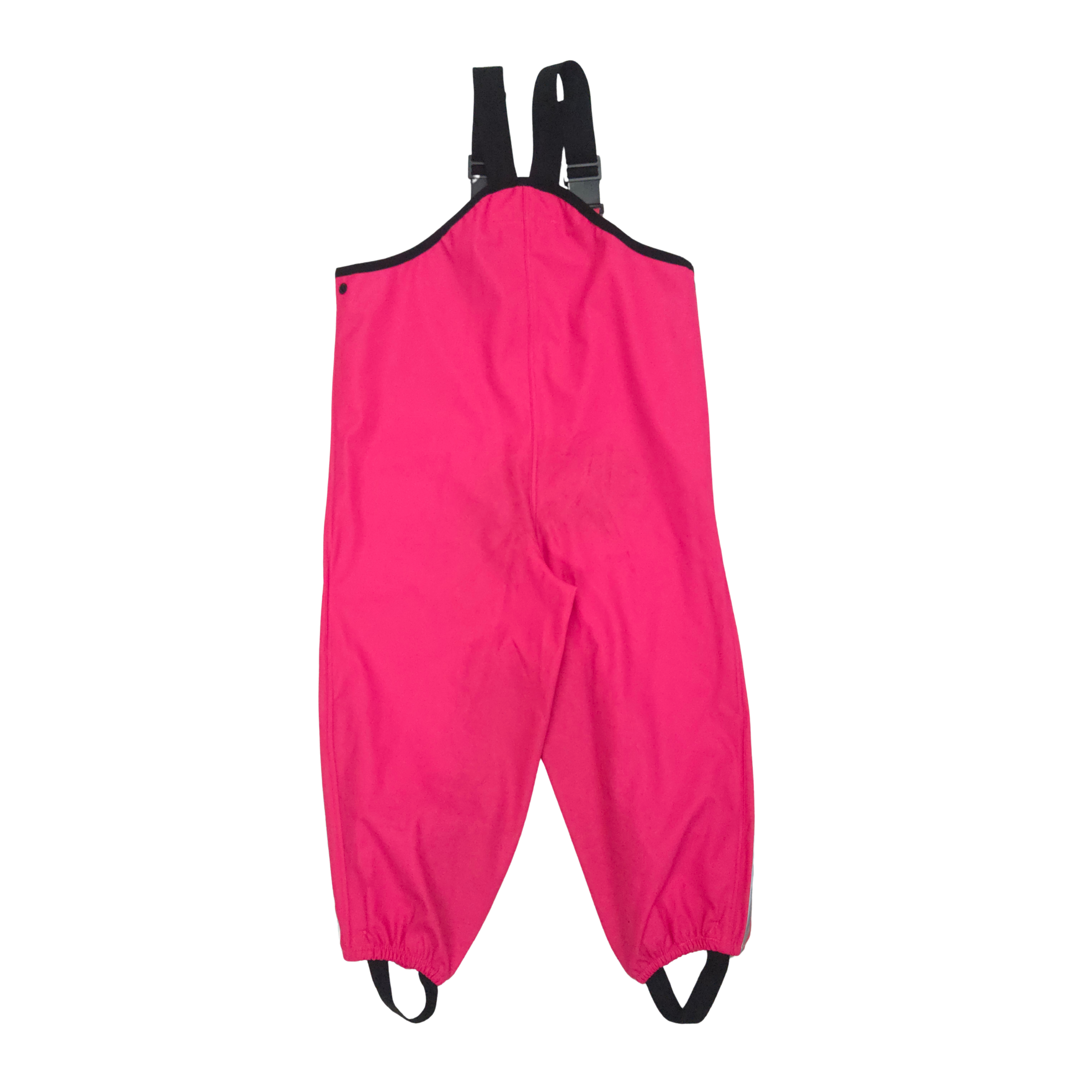 Pink rain pants with black suspenders front