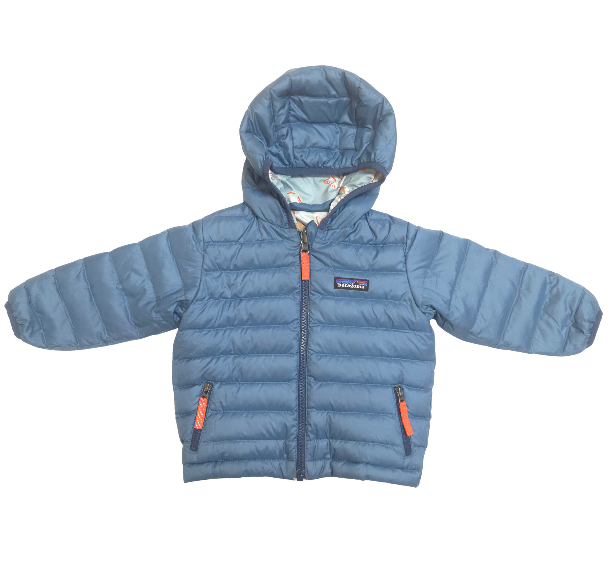 in side out Blue puffer jacket with a hood on a white background