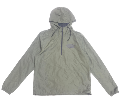 Light gray hooded jacket with a brand logo 