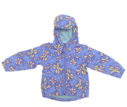 Blue children's raincoat with yellow butterfly pattern on a white background