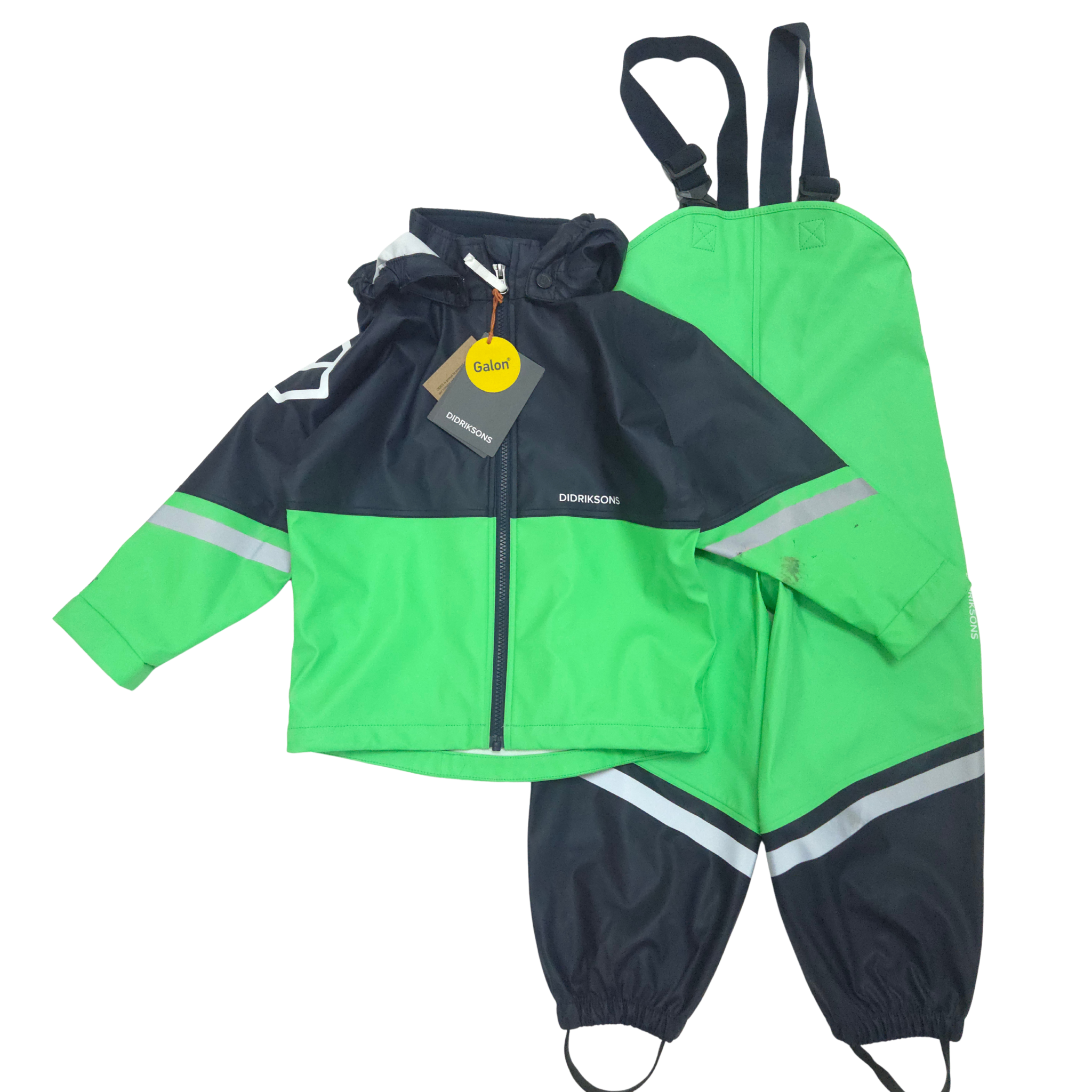 Green and navy raincoat and pants set with a visible brand tag on a white background
