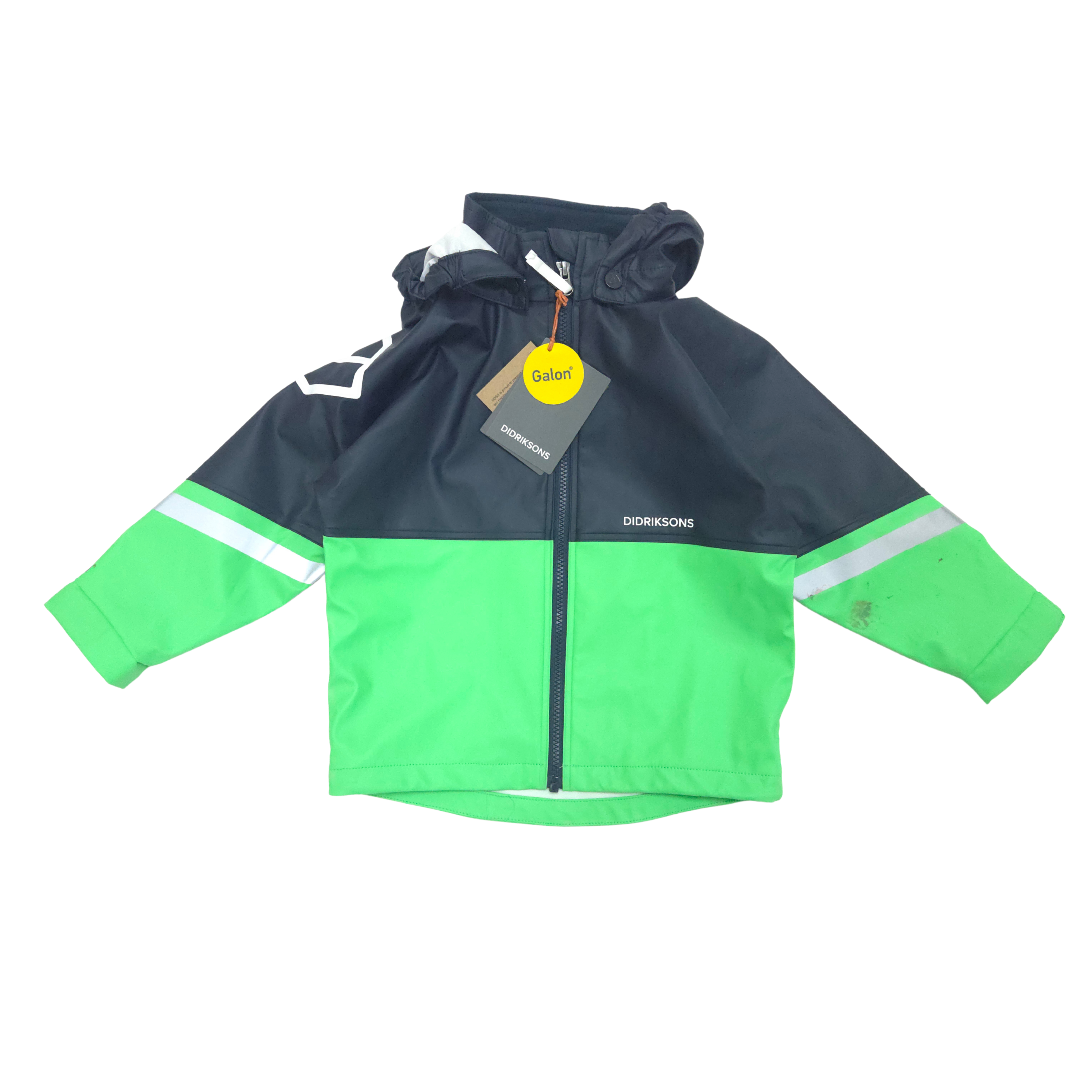 Green and navy raincoat with a brand tag on a white background