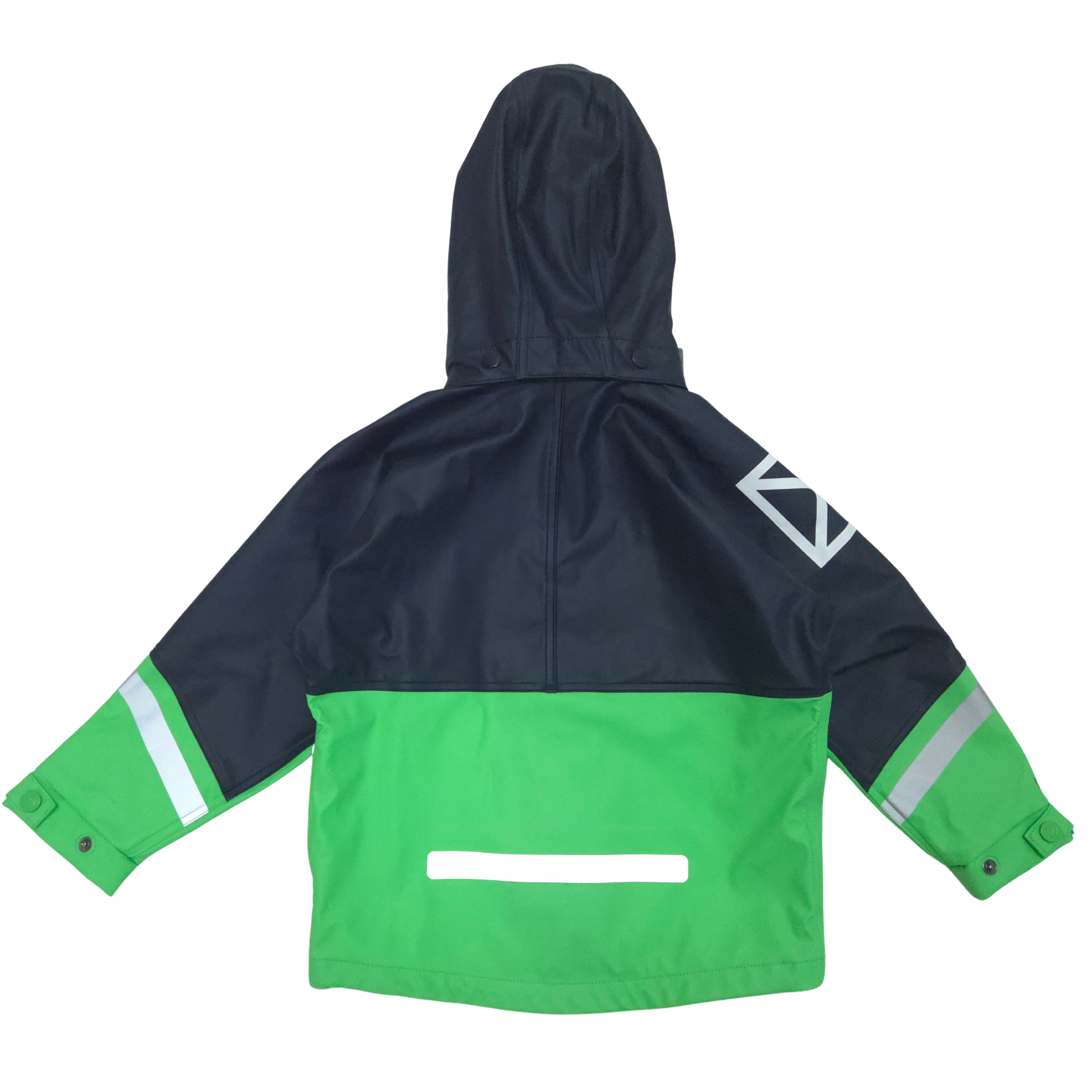 Green and navy jacket with reflective stripes on a white background back