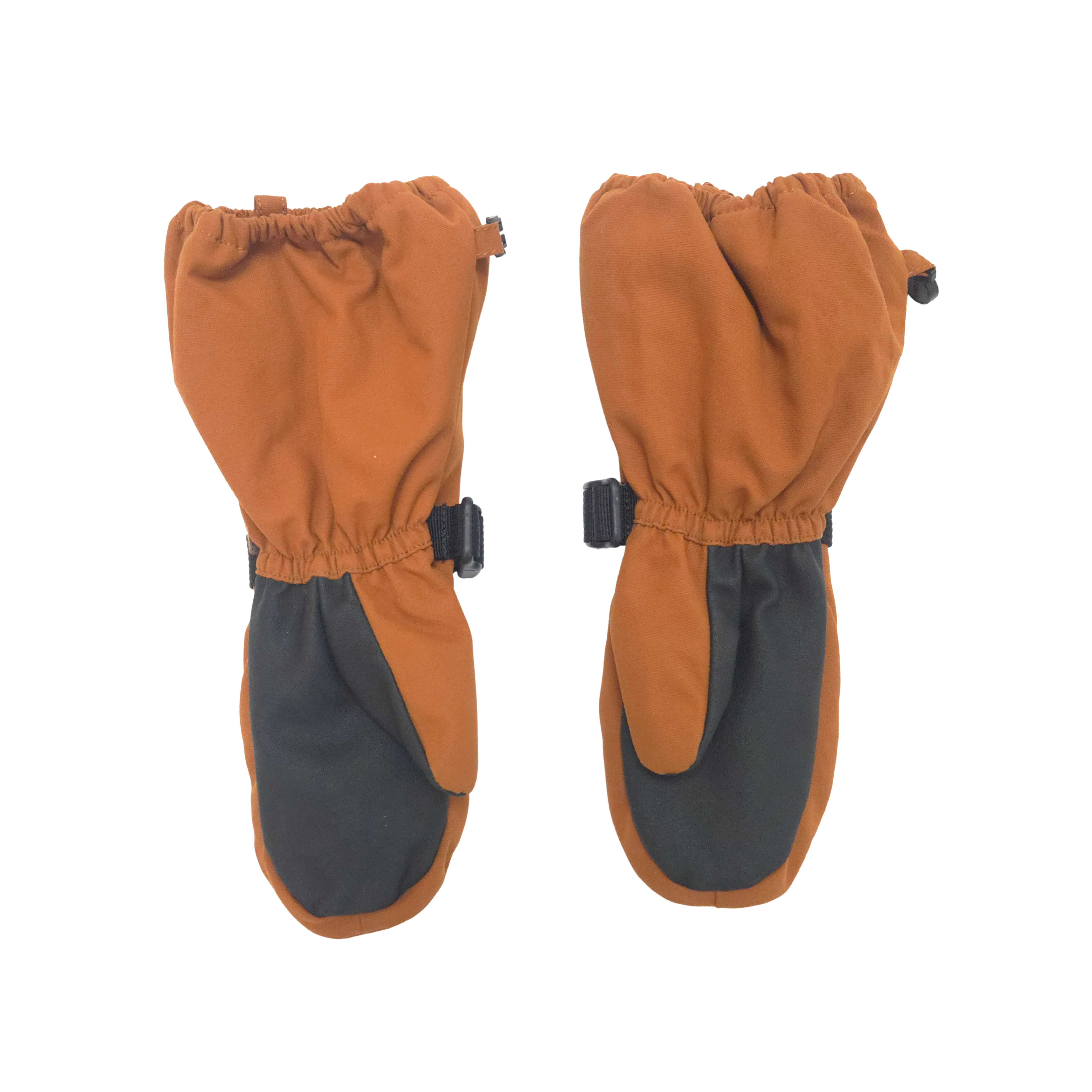 Pair of brown and black mittens on a white background
