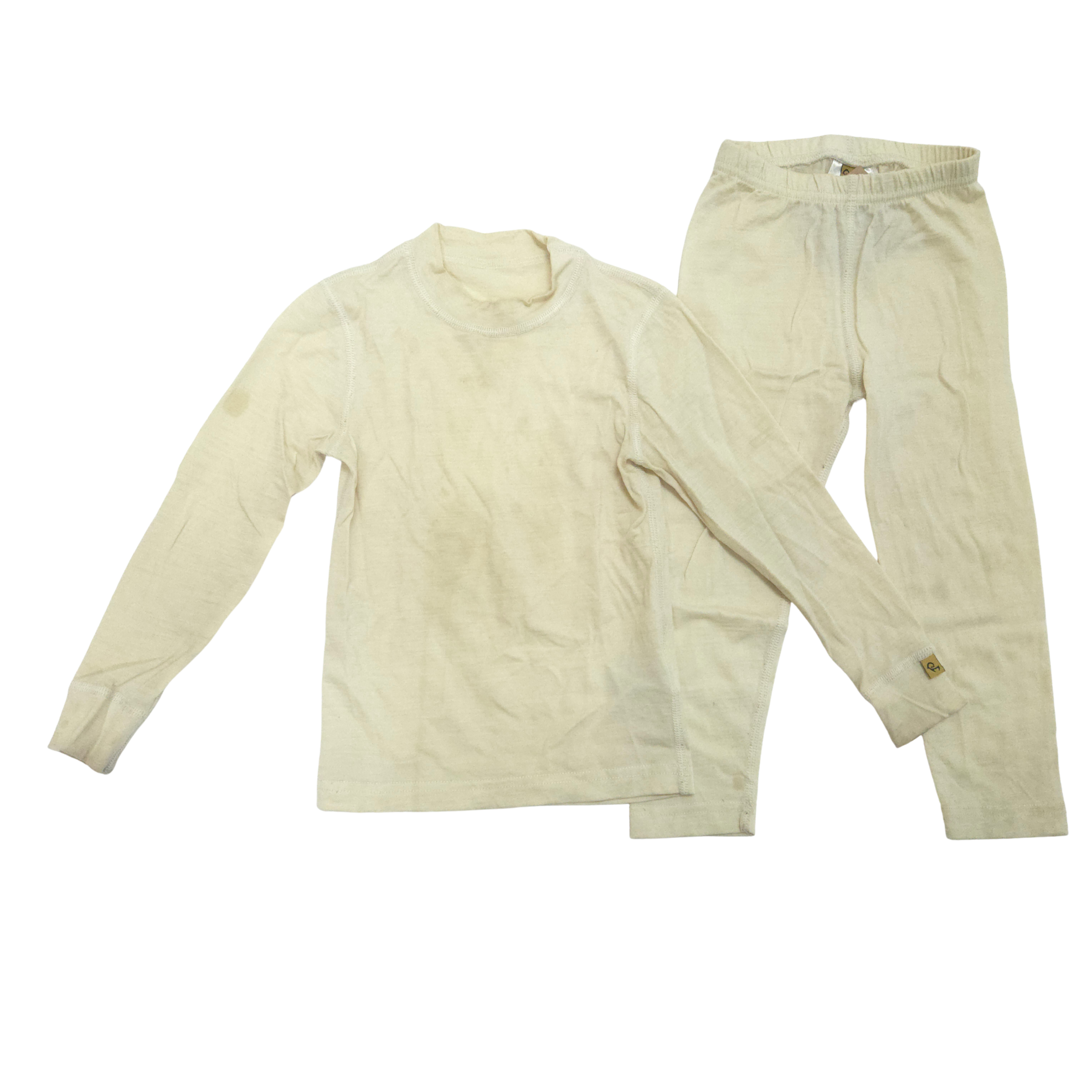 Beige long-sleeve shirt and pants base layer set on a white background
