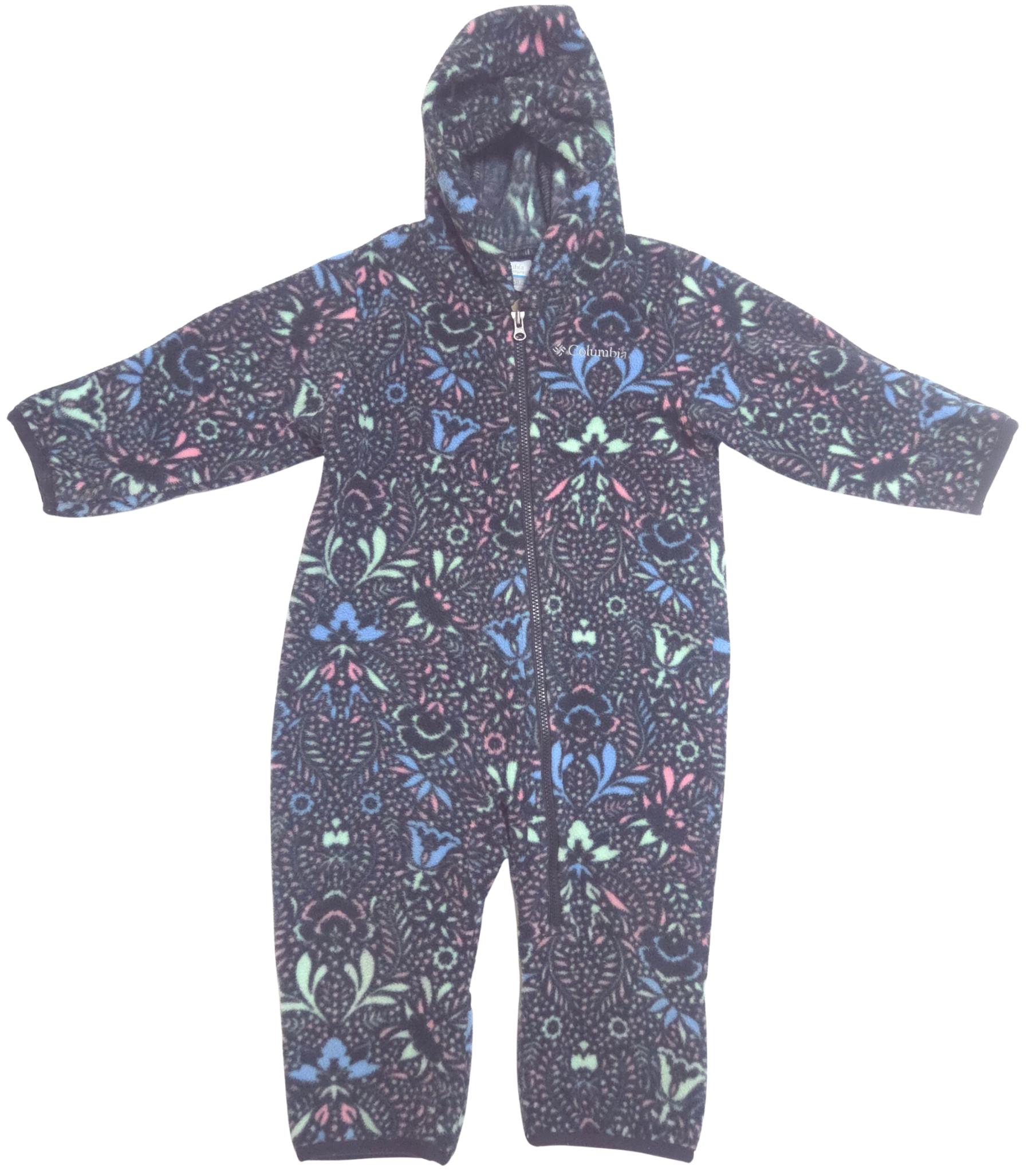 Children's onesie with a colorful pattern on a white background