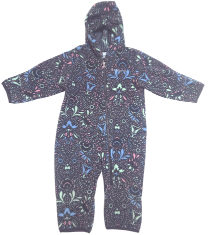 Children's onesie with a colorful pattern on a white background