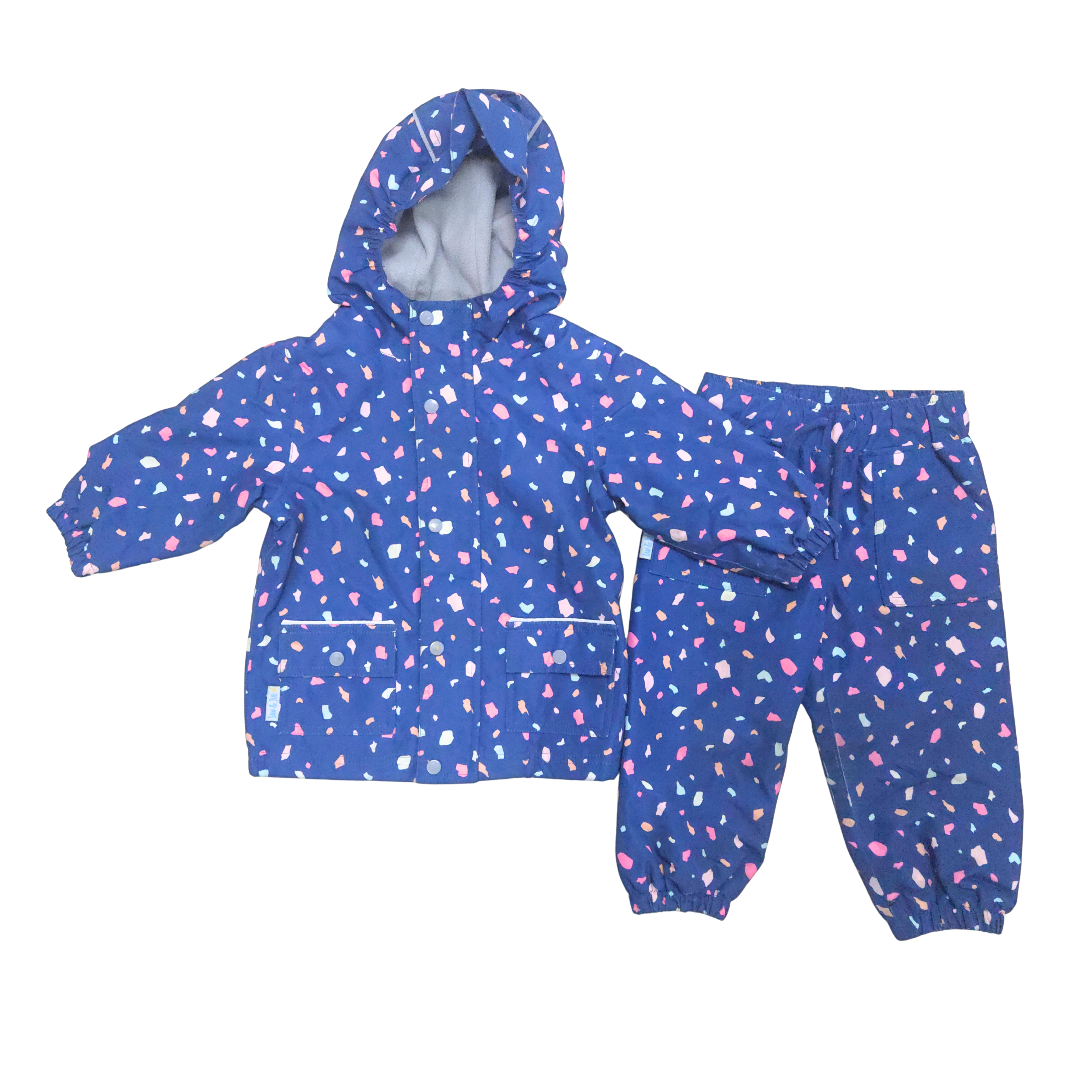 Blue raincoat with pink and white pattern on a white background