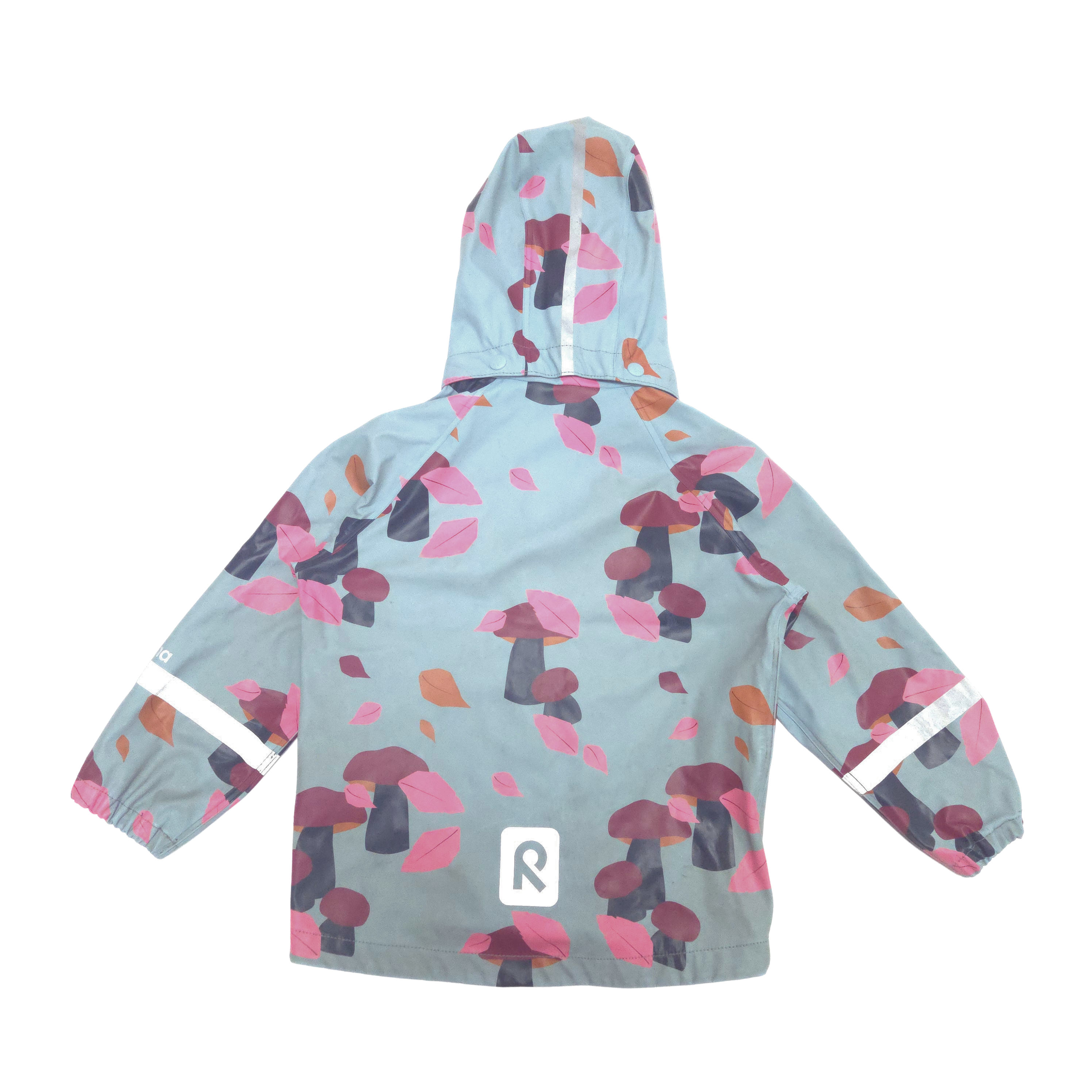Children's raincoat with colorful leaf pattern on a light blue background