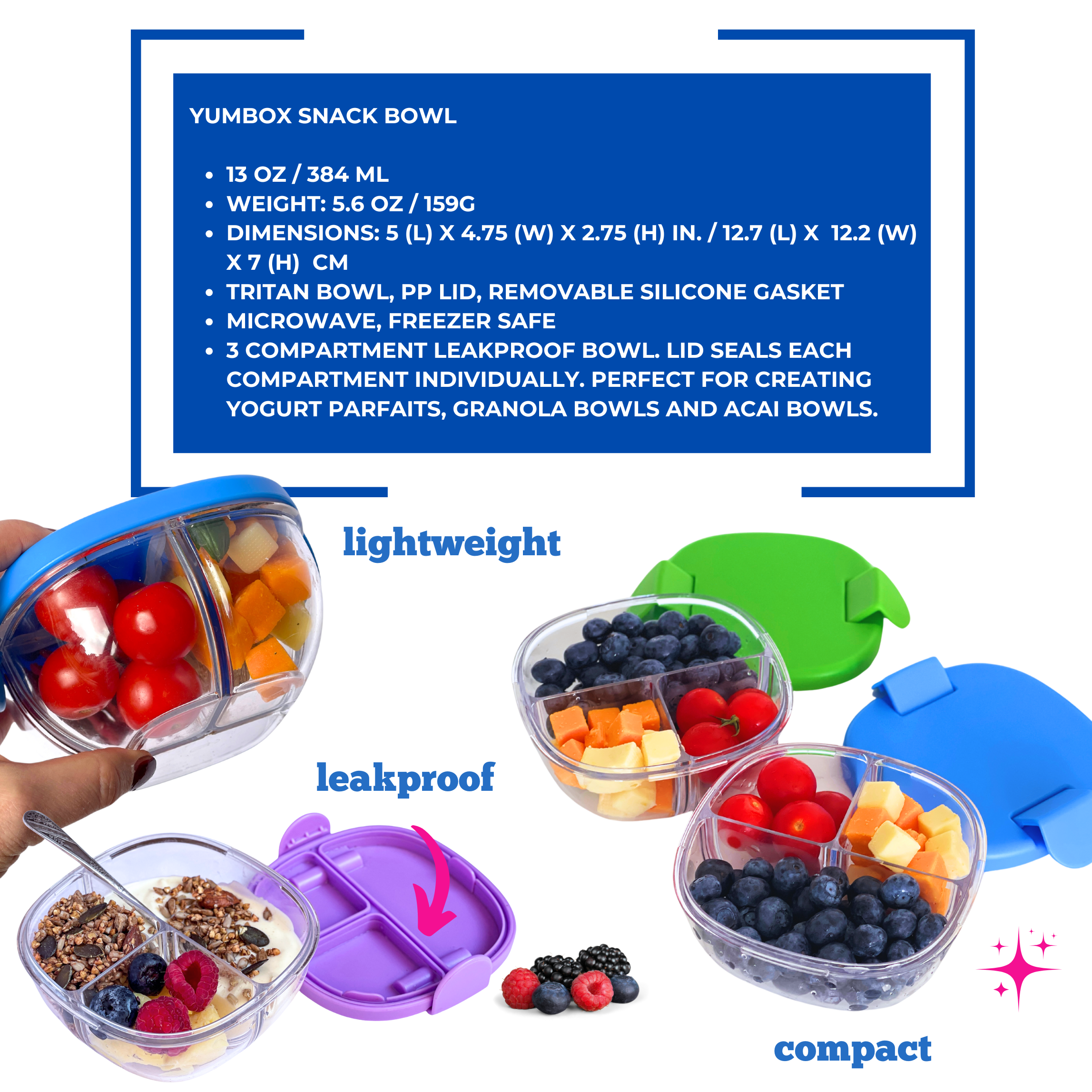 Leakproof Snack Bowl with 3 Compartments - Raspberry Pink
