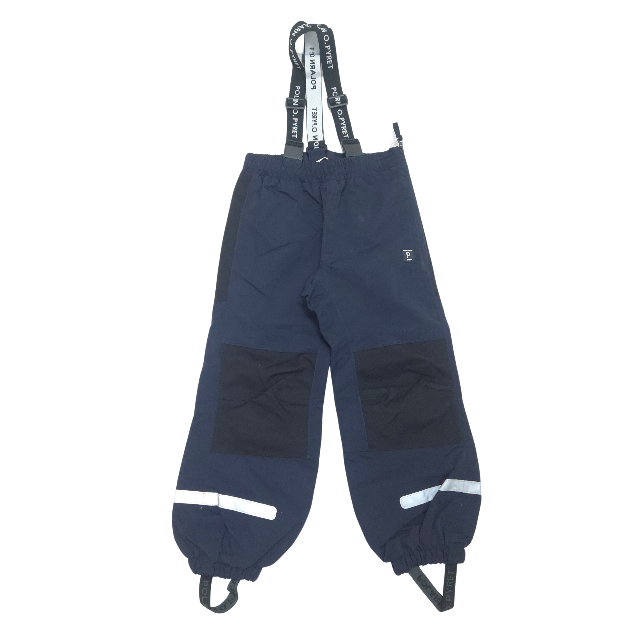 Navy blue shell pants with reflective stripes on a white background